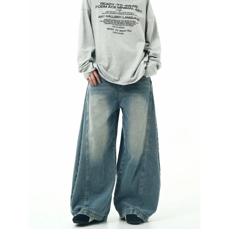 pants Men's & Women's American Vintage Curved Blade Jeans, Retro Niche Design Loose Wide Leg High Street Denim Pants for Couples