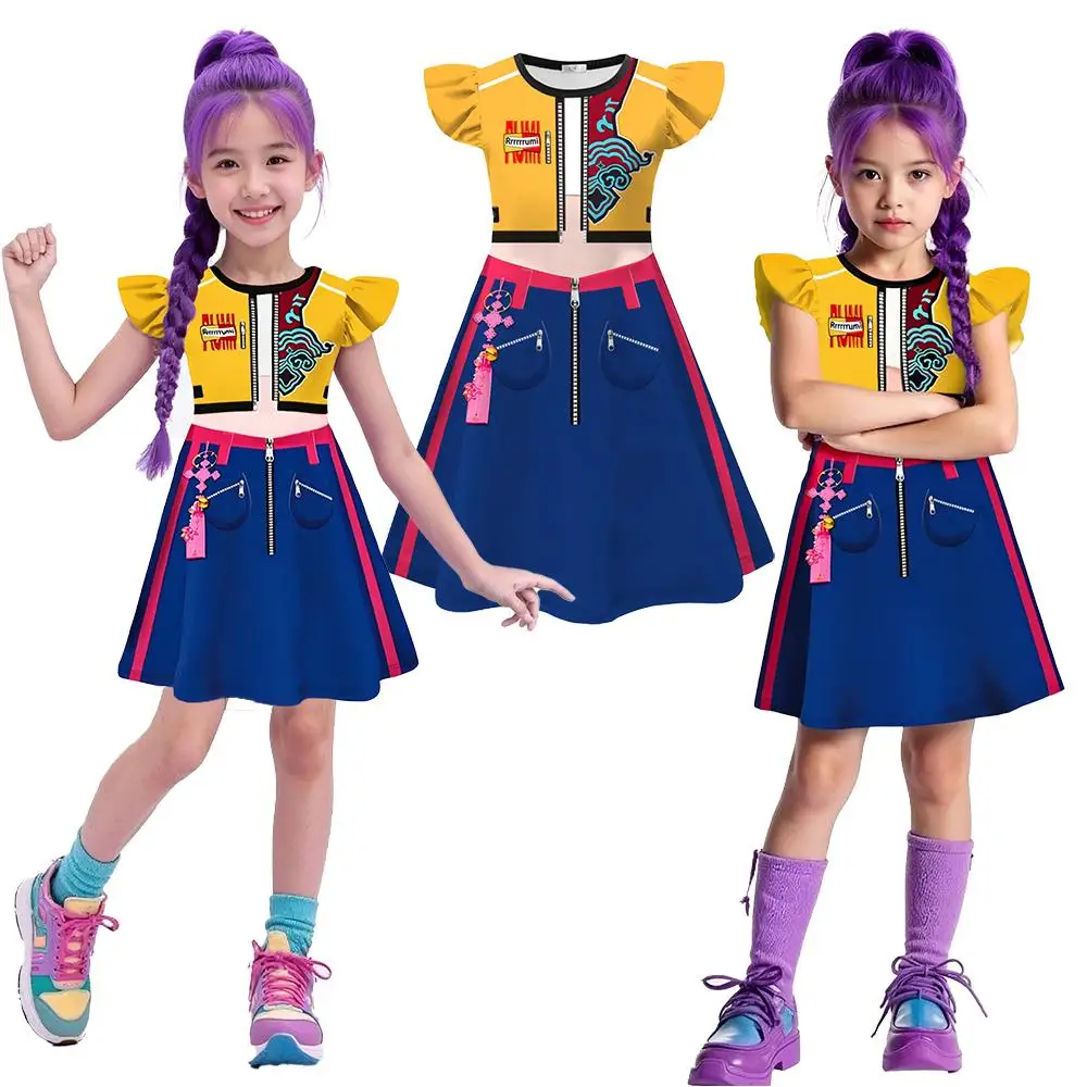 

2025 Rumi Copslay Costumes Dress Kpop Movie Girl Group Role Play Summer Fly Sleeve Dresses 3D Digital Printed Halloween Clothing