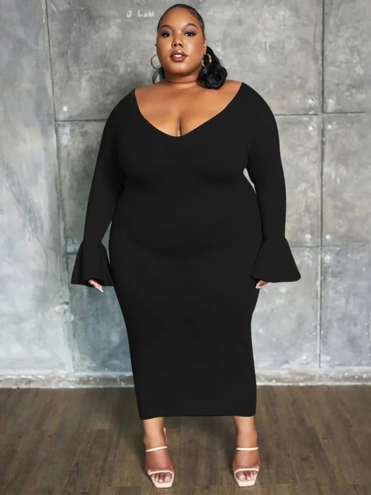 Wmstar Plus Size Dresses Women Fall Clothes Ribbing Bodycon Solid V Neck Flared Sleeve Elegant Maxi Dress Wholesale Dropshipping