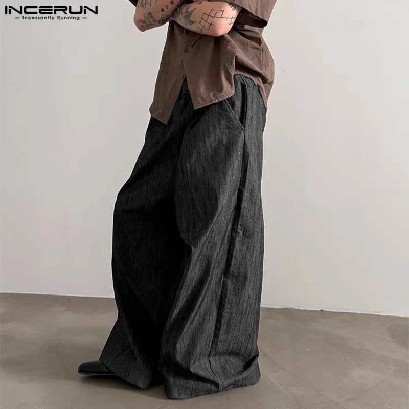 INCERUN 男性ワイドレッグパンツ無地ボタンジョガールーズカジュアルストレートズボン男性ストリート韓国スタイル男性長ズボン