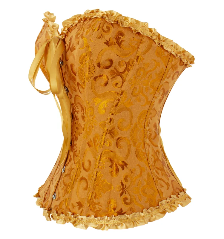 Damen-Overbust-Korsett, Vintage-Jacquard, Rüschen, Schleife vorne, Busk hinten, Schnürung, Taillenformer, Freizeit-, Party- und Alltagskleidung – Detail 33