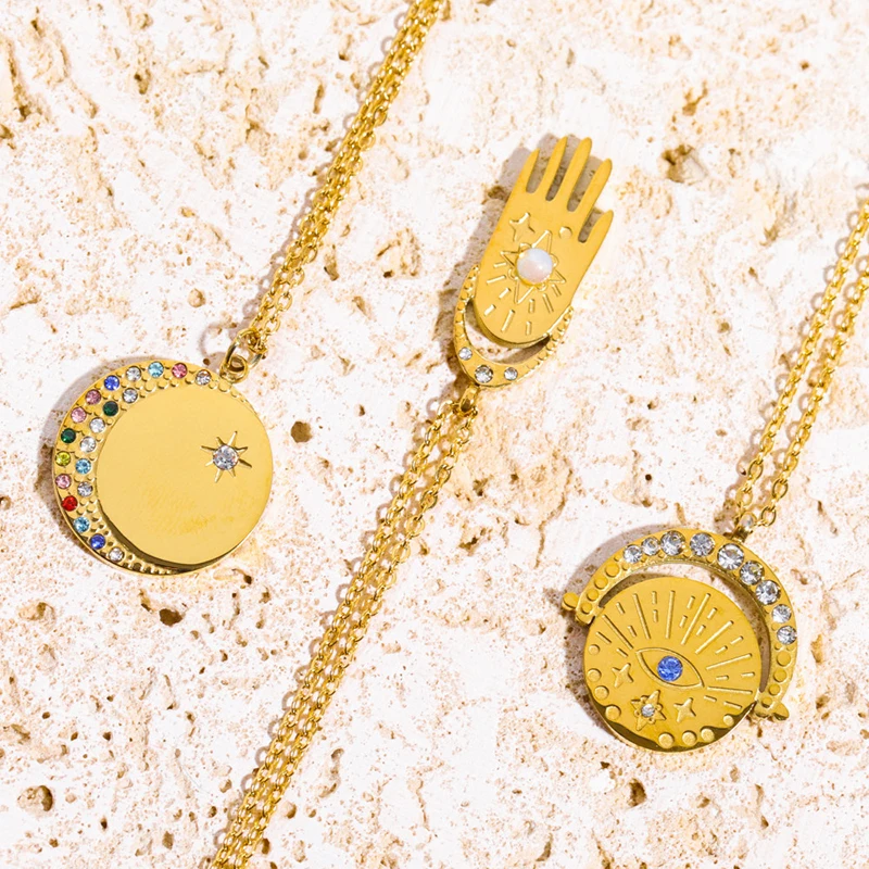

V​intage 18k Gold Plated Stainless Steel Glass Stone Paved Hamsa Hand Turkish Eye Coin Pendant Necklace for Women Jewelry Gift