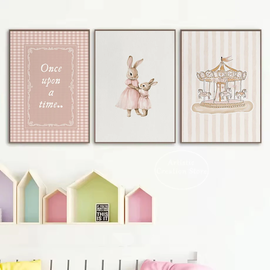 Vintage Watercolor Storybook Rabbit Bunny Silly Goose Bow Carousel Illustration Poster Canvas Painting Wall Pictures Home Decor