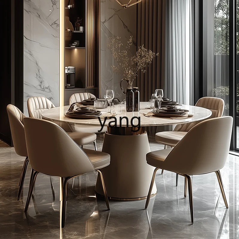 

TGF Italian light luxury marble dining table saddle leather design round dining table and chairs with turntable