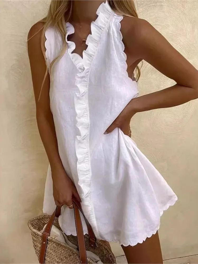 Nouvelles femmes décontracté coton et lin Robe blanche été col en V volants sans manches élégant Boho plage fête Mini robes femme Robe