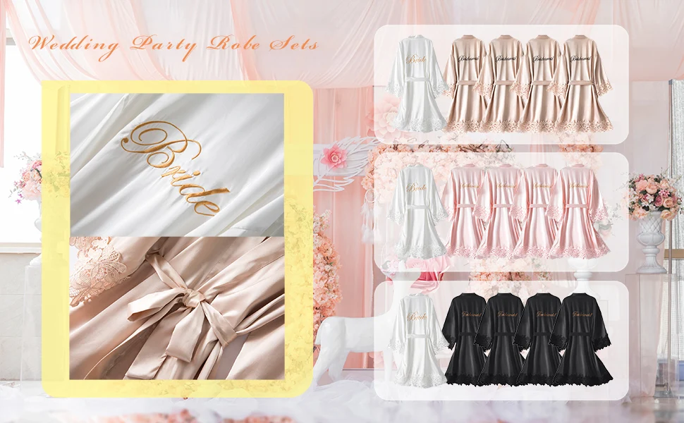 5 Pcs Bridesmaid Kimono Robe Sets Bride Silky Wedding Day Bathrobe with Lace Trim Embroidered Getting Ready