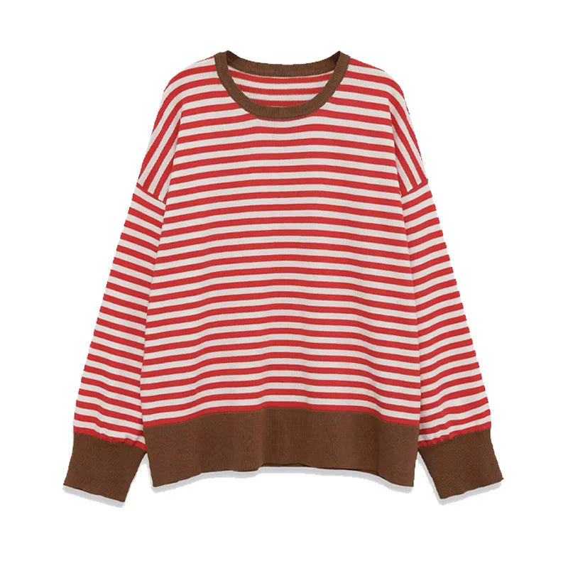 

2025 модные осенние женские вязаные топы, свободные пуловеры в красную полоску с круглым вырезом и длинными рукавами, топы