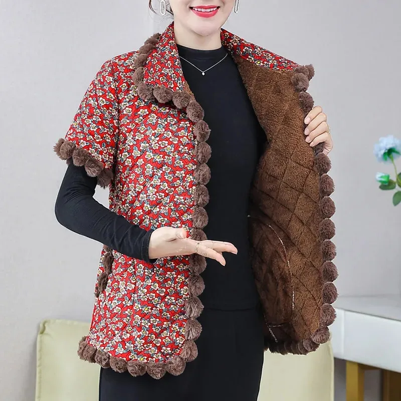 NEW 2024Autumn Winter Medium Sleeved Plus Velvet Cotton Vest  Middle-Aged Elderly Women's Fashion Warm Vest Jacket Female