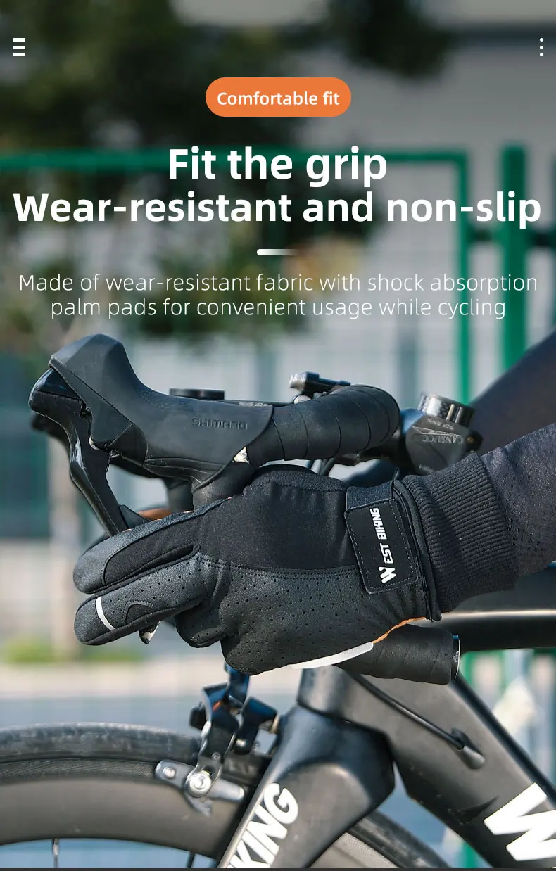 WEST BIKING Winter-Thermo-Fahrradhandschuhe für Herren, winddicht, mit Fleece, Touchscreen-fähig, aus PU-Leder, stoßdämpfend, mit SBR-Anti-Rutsch-Beschichtung, lange Manschetten. – Detail 9