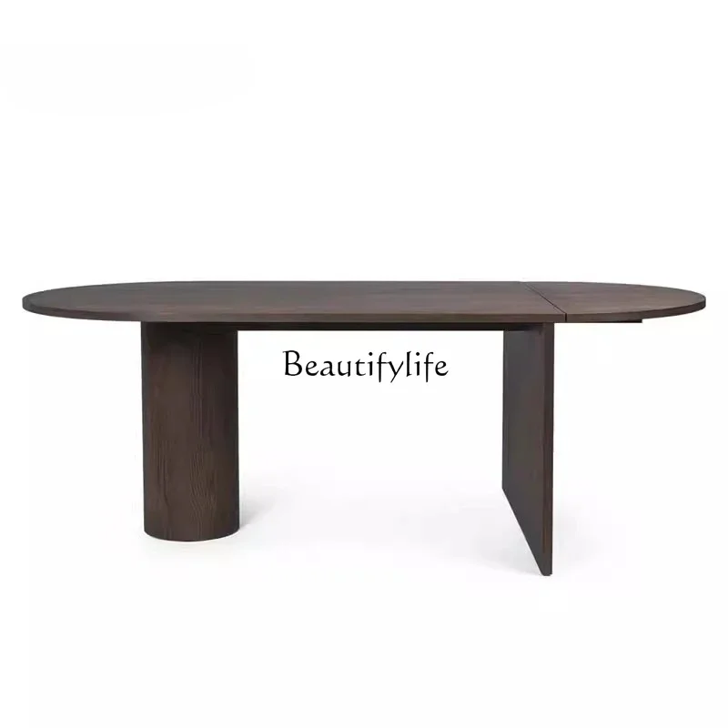 

LJY*Solid wood folding dining table oval retractable French Italian black oval medieval minimalist long table