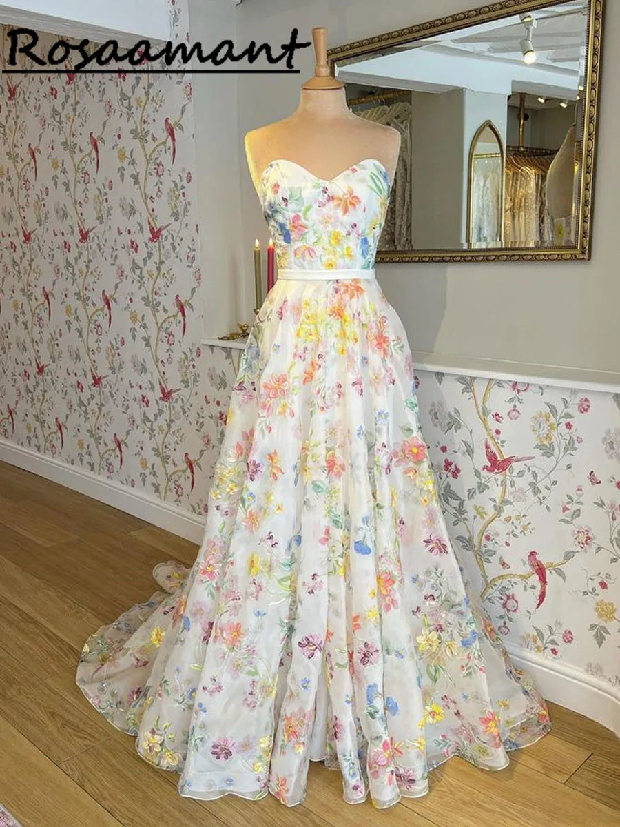 2023 Print Flower Wedding Dress Lace  Backless Bridal Gown robe de soirée de mariage Elegant With Detached Sleeves