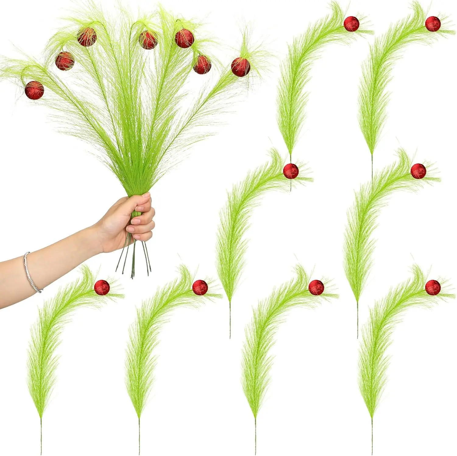 

10PCS Christmas Tree Picks Green Feather Decor Stem with Red Ball Ornament for Home Decor DIY Crafts Xmas Garland Tree Topper