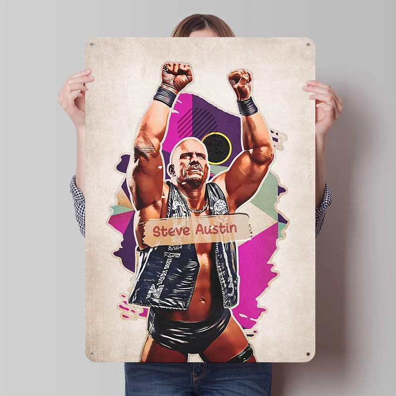 Steve Austin Wrestling Champion Art Printed Poster Customizable Wall Art Retro Vintage Metal Tin Signs for Home Room Desk Decor