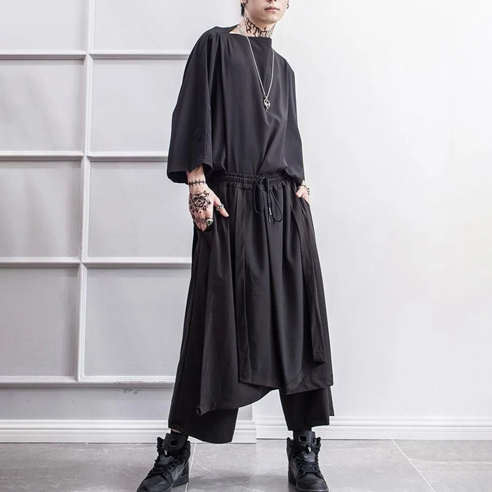 XS-5XL Summer New Men's Solid Color Patchwork Skirt Pants American Retro Fashion Trend Casual Loose Breathable Men's Bottoms