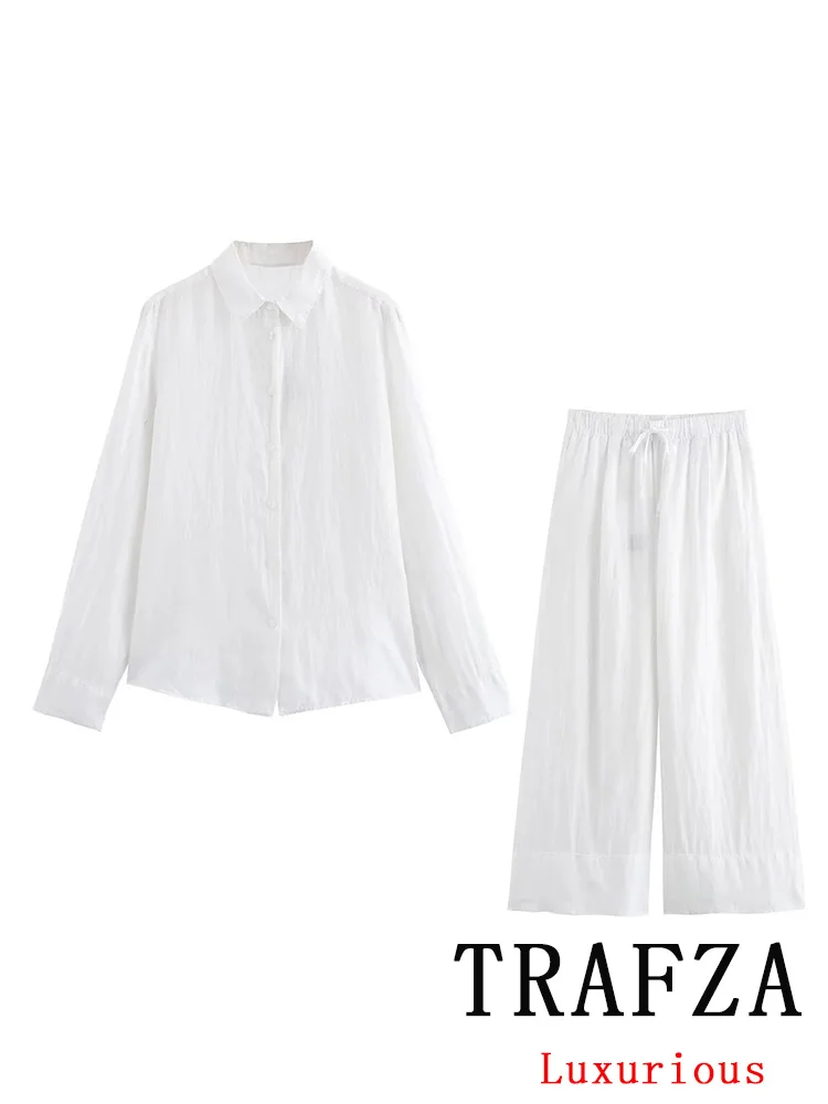 TRAFZA Vintage Casual Solid Women Suit Single Breasted Turn-down Collar Blouse Loose Long Pants Fashion 2024 Holiday Summer Sets