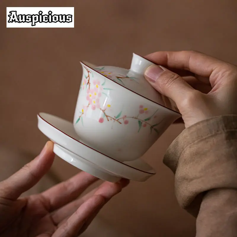 130ml Hand-painted Peach Blossom Gaiwan White Porcelain Three Talent Tea Tureen Tea Brewing Cover Bowl Tea Services Decoration