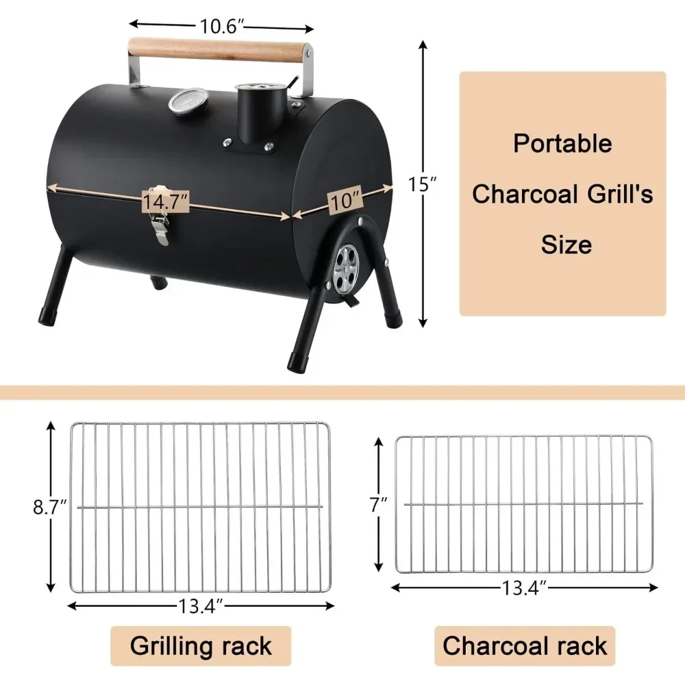 Portable Charcoal Grill, Small Folding Outdoor Grill, Mini Black Barbecue Grill with Thermometer, Compact Tabletop