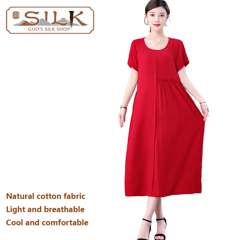 

Cotton Silk Ladies' Dress Short-sleeved Round-neck Elegant Casual Dress Suitable Summer Comfortable Cool, Ideal for Leisure Time