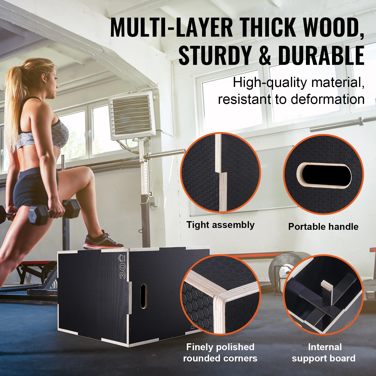 VEVOR 3 in 1 Plyometric Jump Box Wooden Plyo Box Black For Home Gym Training Conditioning Strength Training