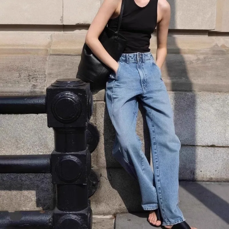 

Tall Women Jeans For Spring Autumn 2025 New High Waist Curved Side Seam Straight Leg Casual Classic Blue Washed Denim Jeans