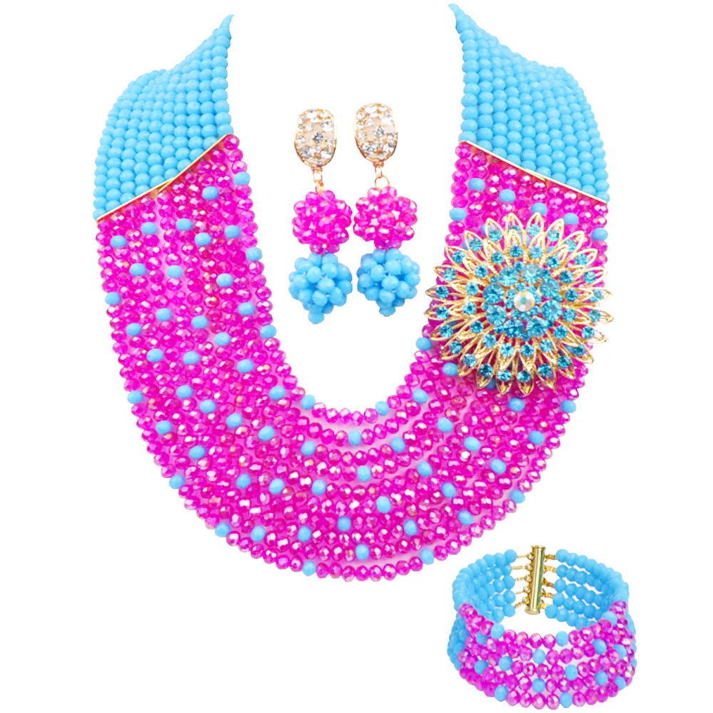 Laanc African Wedding Jewelry Blue and Fuchsia Pink Nigerian Crystal Beads Jewelry Sets