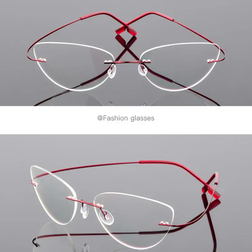 GSjiaxin Rahmenlose Cat-Eye-Myopie-Brille mit Index 1,61, ultraleichte, randlose, blaues Licht blockierende Korrekturbrille – 0,5 – 0,75 bis -6 4
