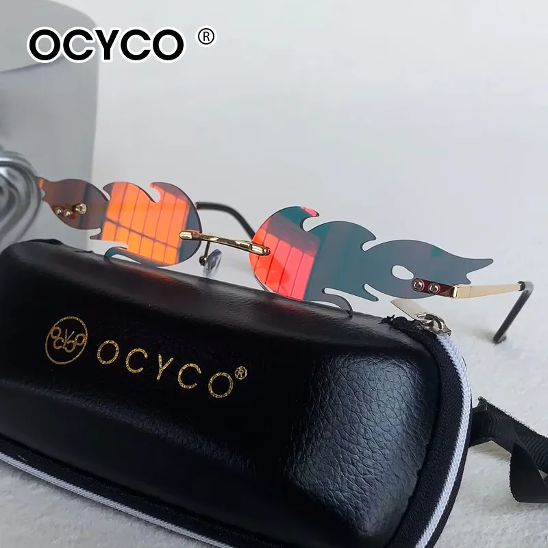 New Fashion Fire Flame Sunglasses Wave Rimless Narrow Retro UV400 Vintage Eye Glasses Cycling Outdoor Eyewear Glasses With Case