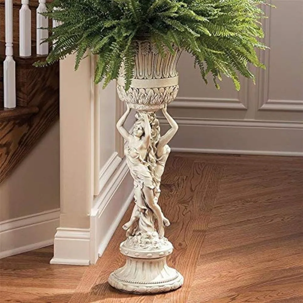 

Handcast Polyresin Shelf Pedestal Column Plant Stand With Urn 12" Wx12 Dx36 H. 22 Lbs Antique Stone Finish Outdoor Furniture