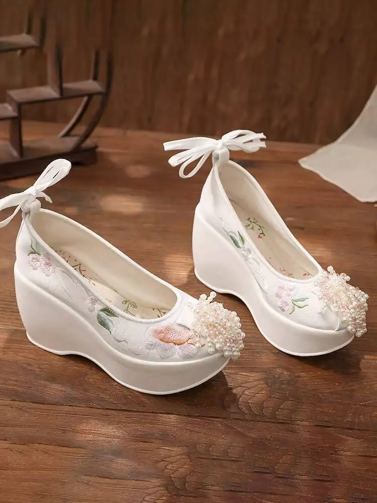 

New Hanfu Women Lift The Head Embroidered Shoes Lady Ultra High Heels Wedge Heel Costume Drama Nude Shoes Shoes Chinese Style