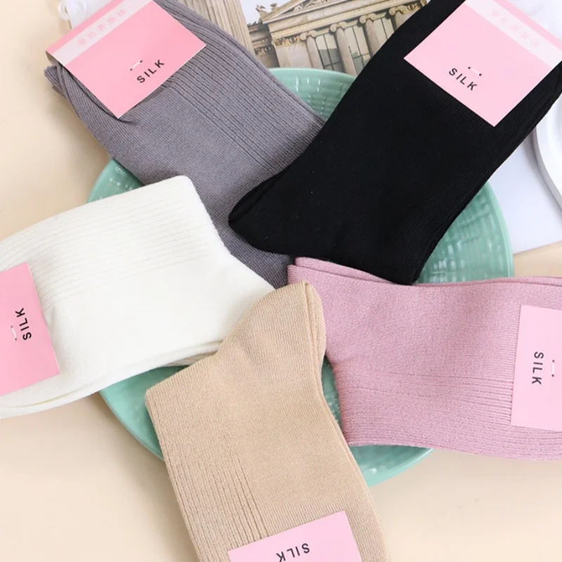 Birdtree,3PCS Cotton Silk Blended Basics Socks,Women's Casual Solid Soft Warm Stockings,Breathable Autumn Winter A61402JF