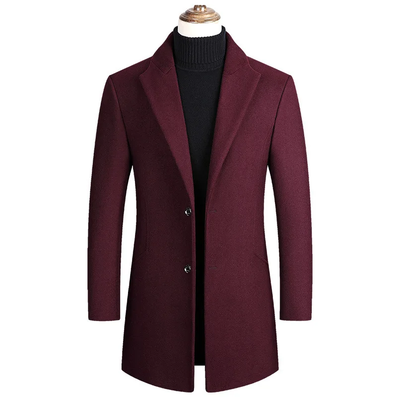 

Cross border winter new men's solid color slim fit medium long woolen coat, youth casual windbreaker jacket