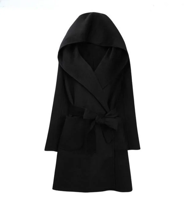 

Autumn Winter Women's Woolen Trench Jaet Coat Cardigan Street Sle Pure Color Hooded Belted Long Sve Mid-Length Straigh...