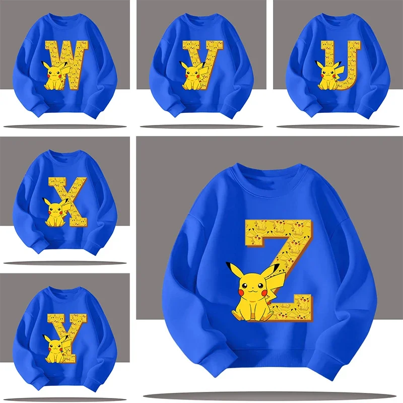 

2026 New autumn-winter long-sleeved cartoon print Letter A-Z Pikachu children's crew-neck boys' sports shirt girls' casual top