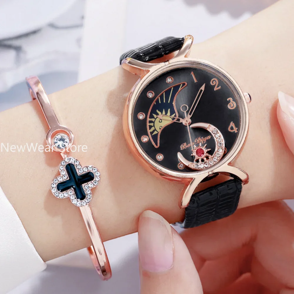 

Elegant Moon with Diamonds Watches Women Fashion Luxury Quartz Wristwatches Casual Female Leather Watch Creative Montre Femme