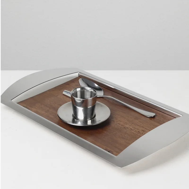 Modern Luxury Stainless Steel and Walnut Decorative Tray for Sample Room Living Room Home Decor