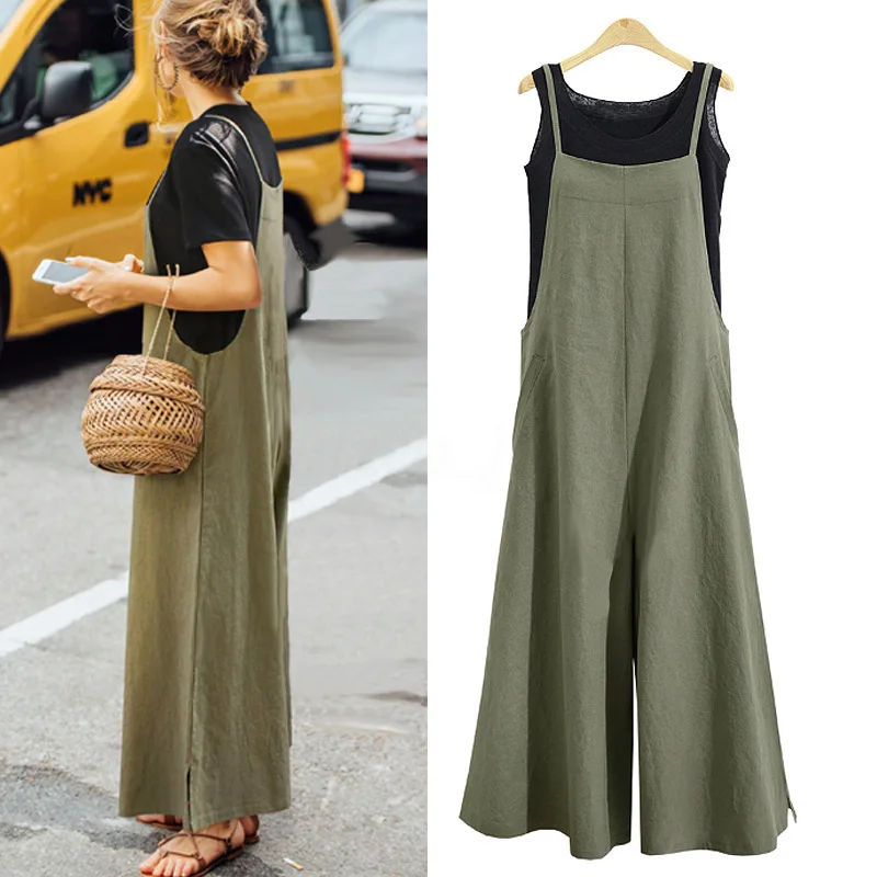Women Strappy Solid Comfy Wide Leg Jumpsuits Women's Casual Loose Dungarees Bib Overalls Cotton Rompers