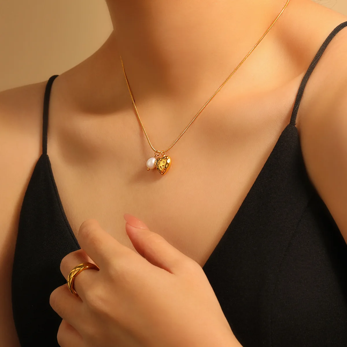 Geometric Texture Heart Pendant Titanium Steel Necklace with Natural Pearl 18K Gold Plated Waterproof Jewelry for Women Girls