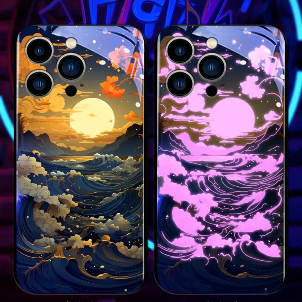 Pretty Sunset Ocean Smart LED Light Glowing Tempered Glass Phone Case For Samsung S24 S23 S22 S21 S20 FE Note 10 20 Plus Ultra