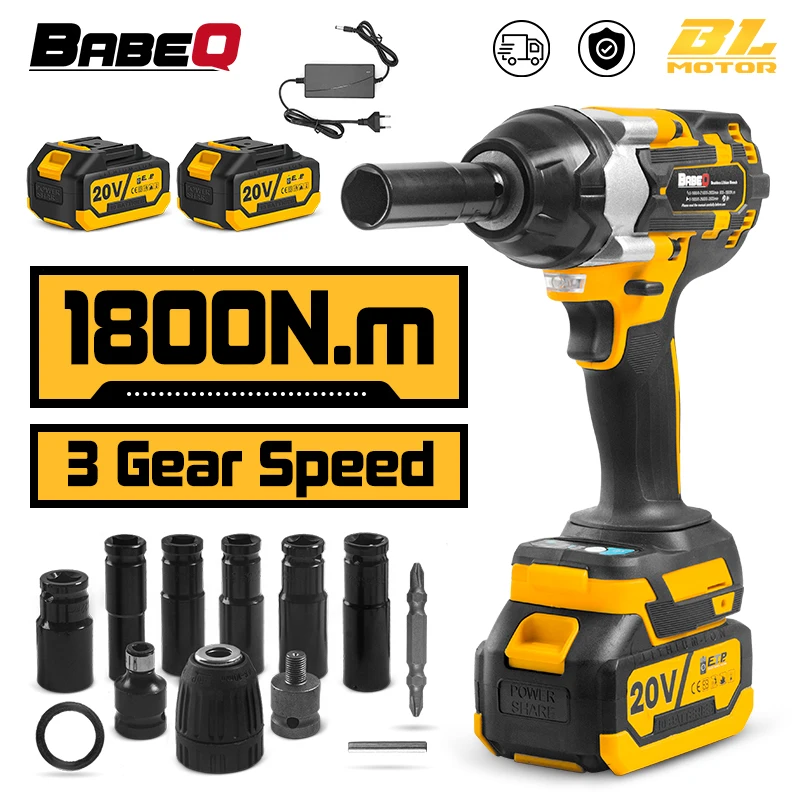 

BABEQ 1800N.M Cordless Brushless Electric Wrench 1/2 inch Impact Wrench Socket Wrench Hand Drill Installation Power Tools