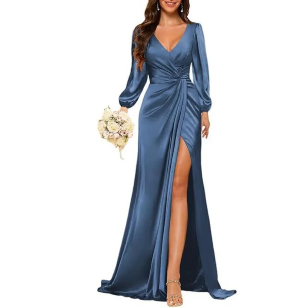 Womens zeemeermin satijnen bruidsmeisjekleding met split lange mouwen formele bruiloft sexy zijsplit geplooide avondjurken feestjurk