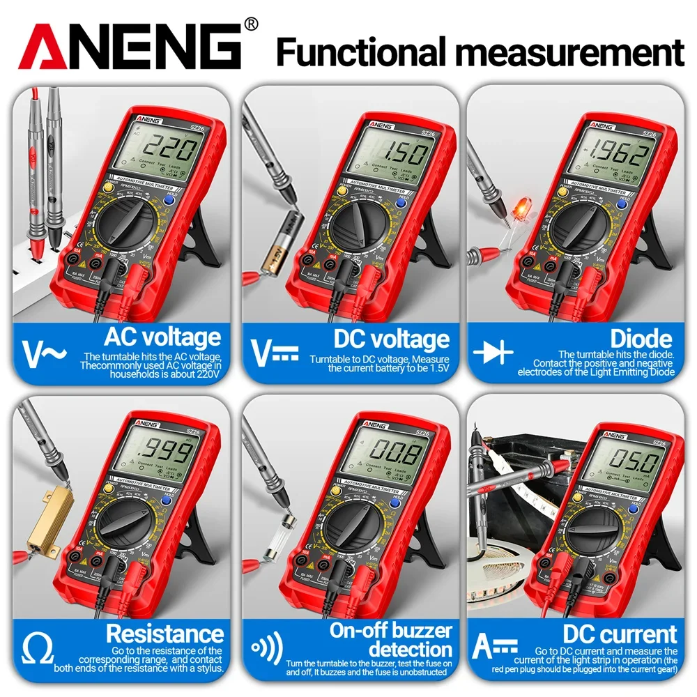 Smart High Precision Car Overhaul Multimetro Diode Resistance Tester ANENG SZ26 Multimeter DC Current AC/DC Voltage 1999 Counts