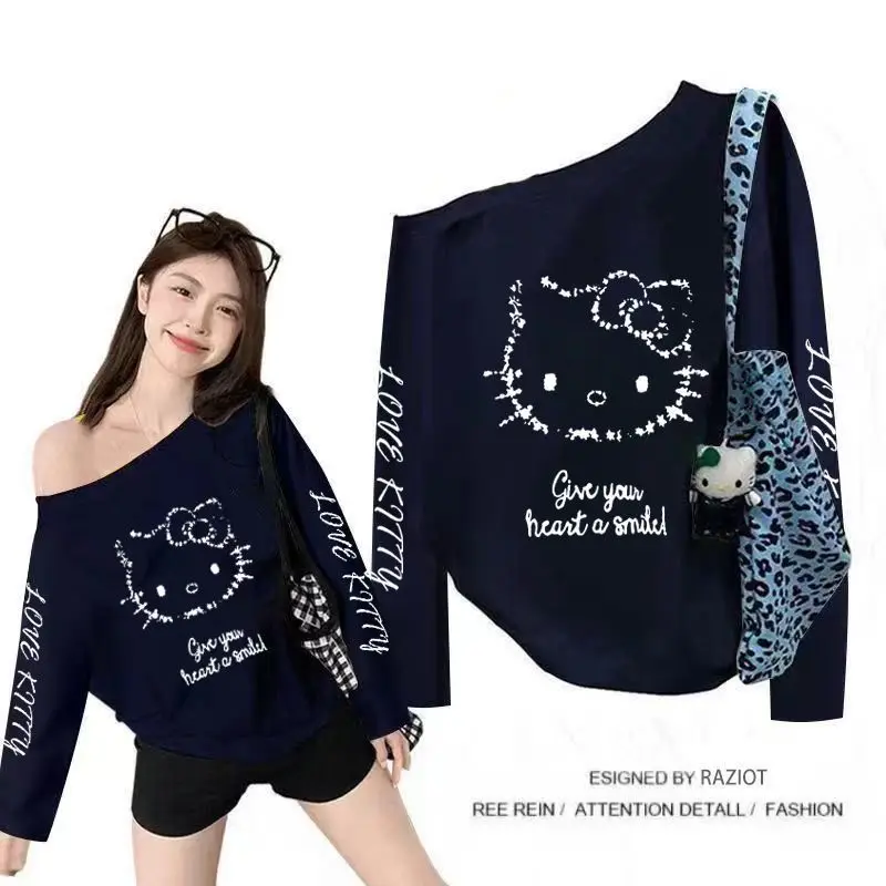 

Sanrio футболка из чистого хлопка с наклонным вырезом и длинными рукавами Hello Kitty, милая свободная футболка нового стиля, модная универсальная одежда, горячая модель, хит продаж