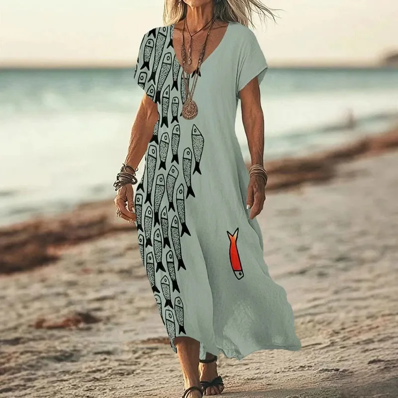 Cute Simple Lines Abstract Geometric Fish Art Print V-neck Dress 3D Printed Casual V-neck Dress Female Dresses view 2