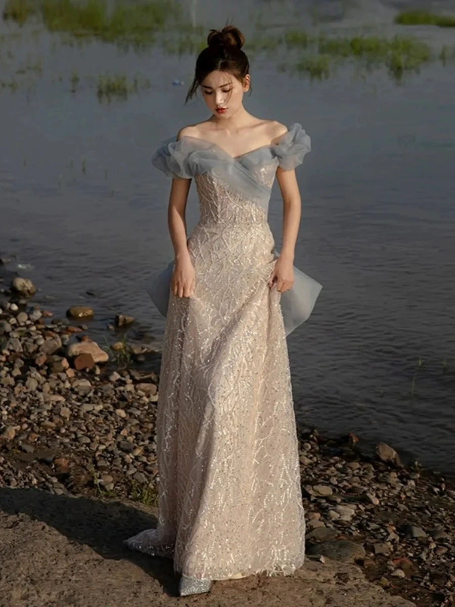 

Ele One-oulder Evening Gown Women's High-End Sensation Ball Host Luxury mat Bridal Ceremony Serving Dr