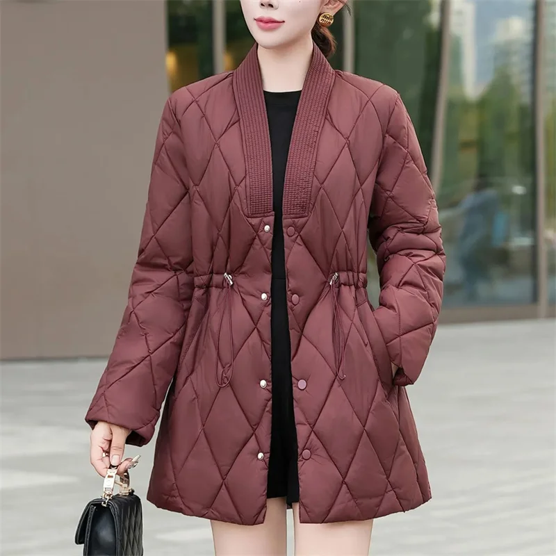 2026 New Mid Length Cotton Jacket for Women Autumn Winter  Medium Thick Cotton Coat Temperament Waist Cinching Warm Jacket