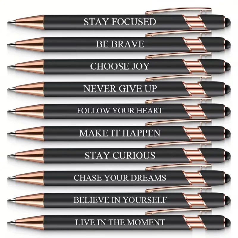 

10-piece black inspirational pen set, engraved with motivational quotes - ideal for writing and digital devices