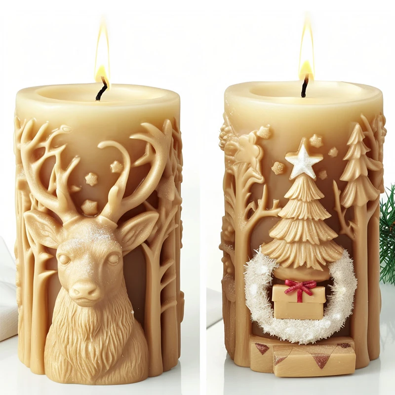 Christmas Elk Cylindrical Candle Silicone Mold Reindeer Snowflake Cylindrical Candle Mold Handmade Aromatherapy Plaster Mould