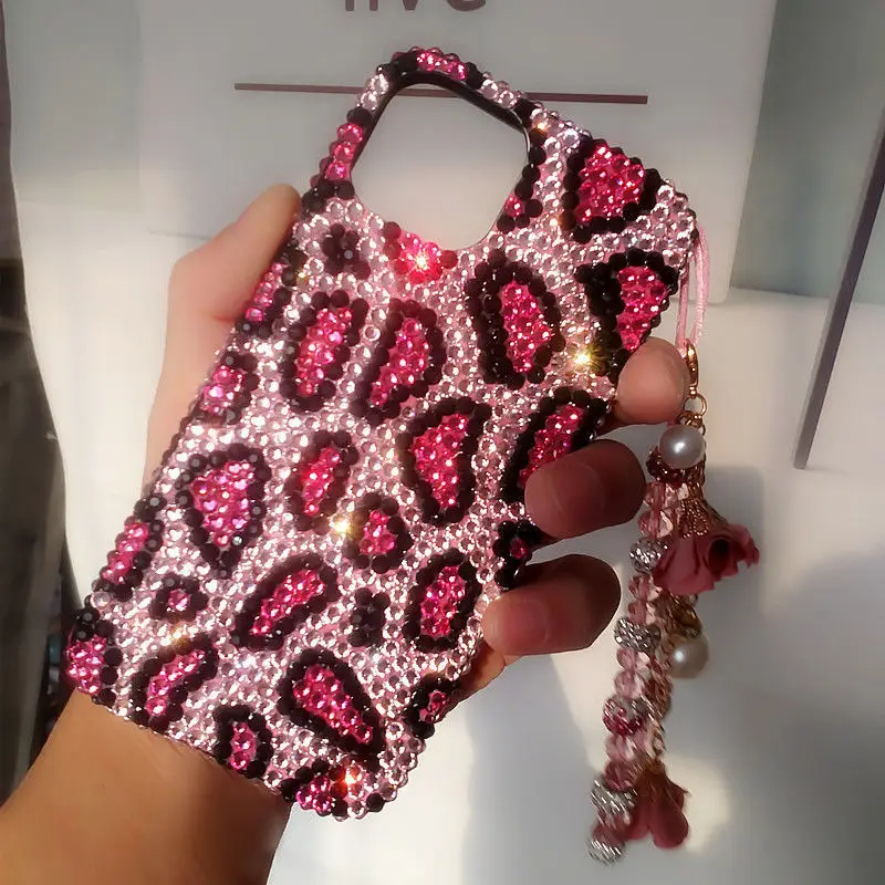 For iPhone 14 Pro Max 11 12 13 15Pro Xs Phone Case Luxury Hand Rhinestone Rose Leopard Print Hangout Back Cover for Girls