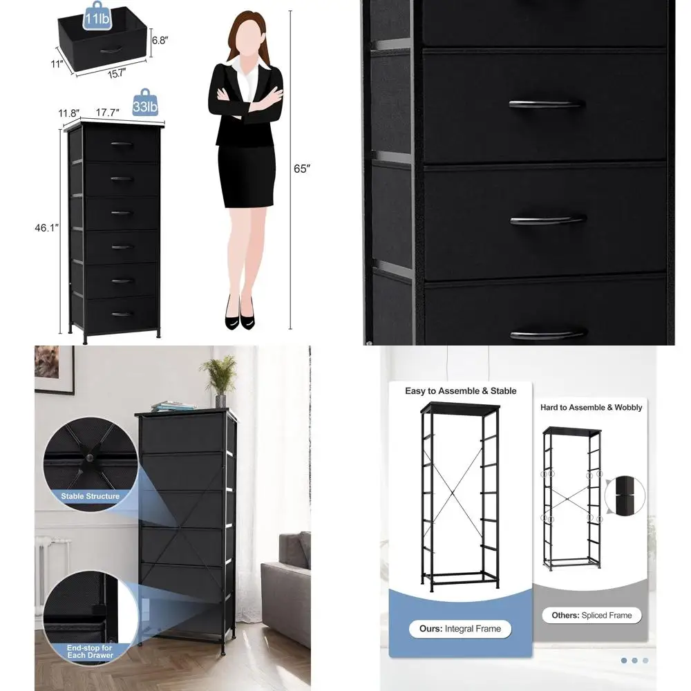 

Башня для хранения из стали и дерева с 6 ящиками и тканевыми контейнерами — органайзер для спальни, прихожей, прихожей, шкафа (черный)