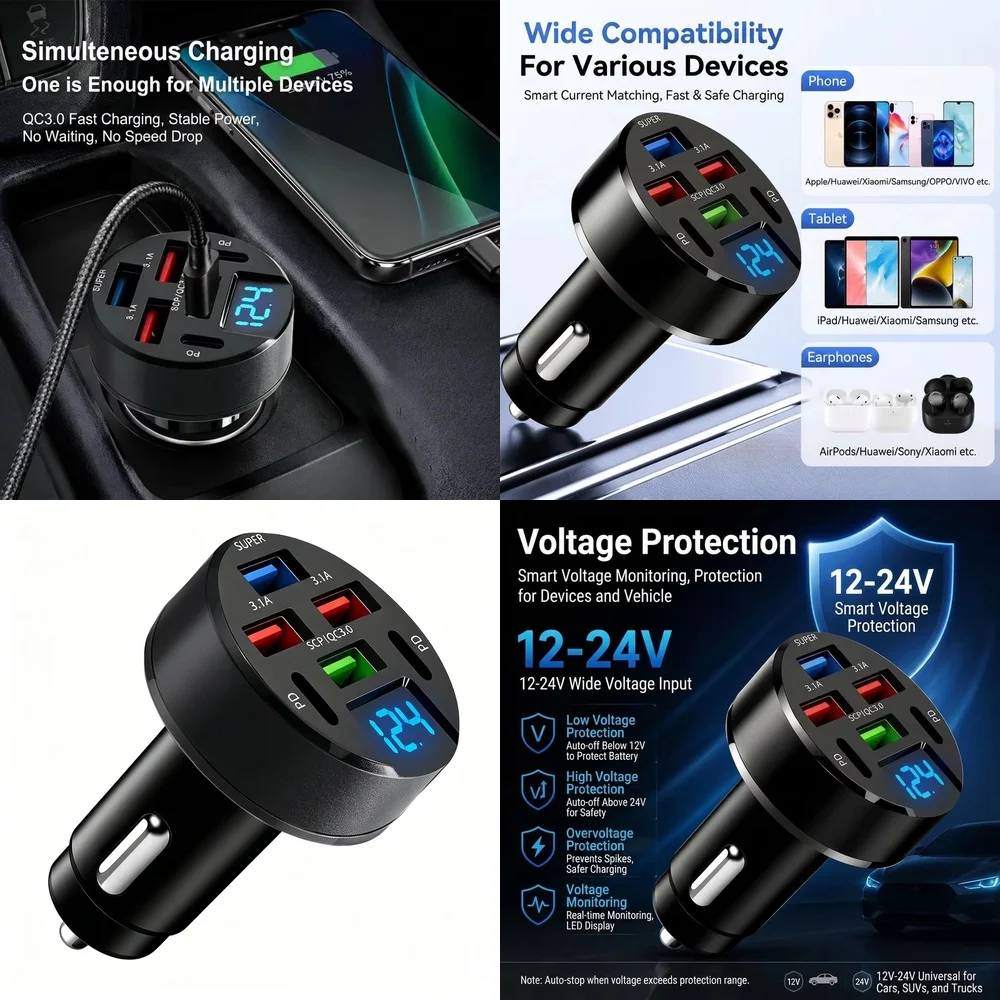 6 Port USB Car Charger 100W QC3.0 PD with LED Digital Voltage Display Multi Port Fast Charge Adapter for iPhone Samsung Xiaomi